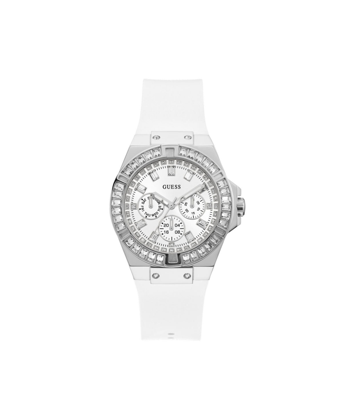 Montre femme GUESS GW0118L3 – Bracelet en silicone blanc, boîtier en acier inoxydable cristallisé
