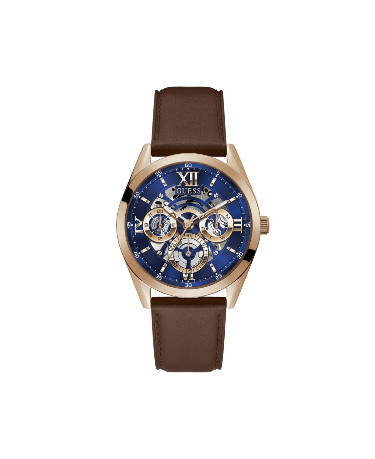 GUESS Men's Watch GW0389G3 – Brown Leather Strap, Skeleton Dial