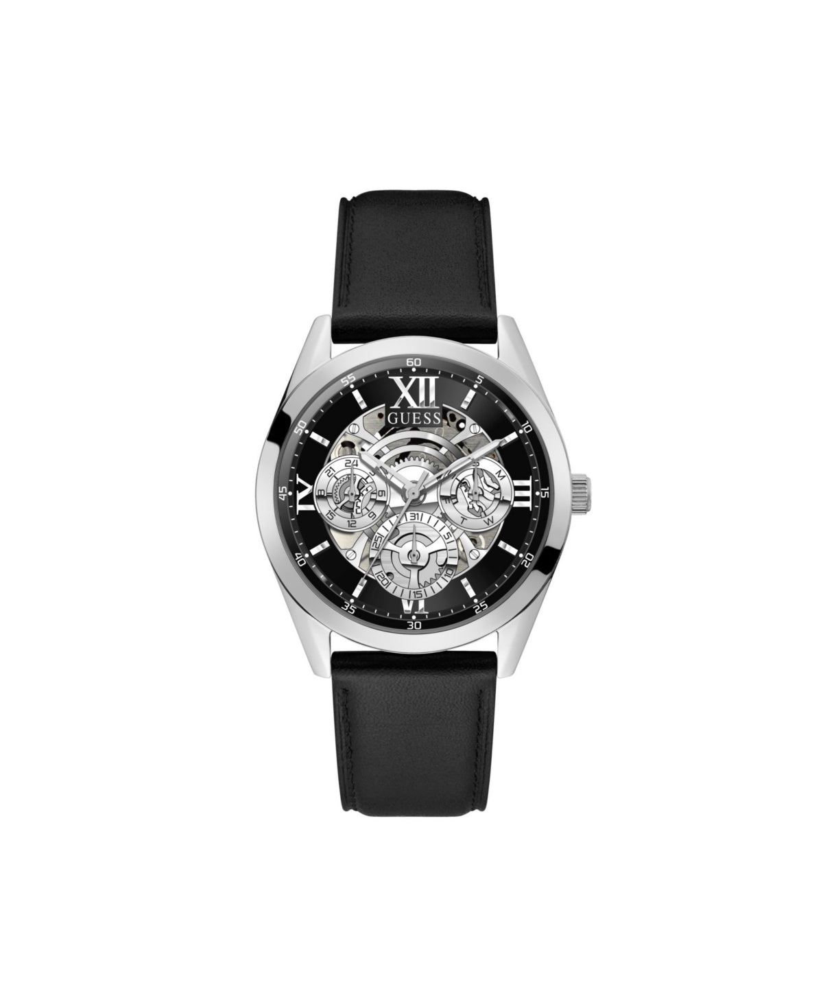 GUESS Men's Watch GW0389G1 – Black Leather Strap, Skeleton Dial