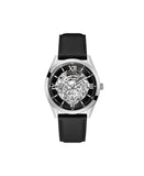 GUESS Men's Watch GW0389G1 – Black Leather Strap, Skeleton Dial