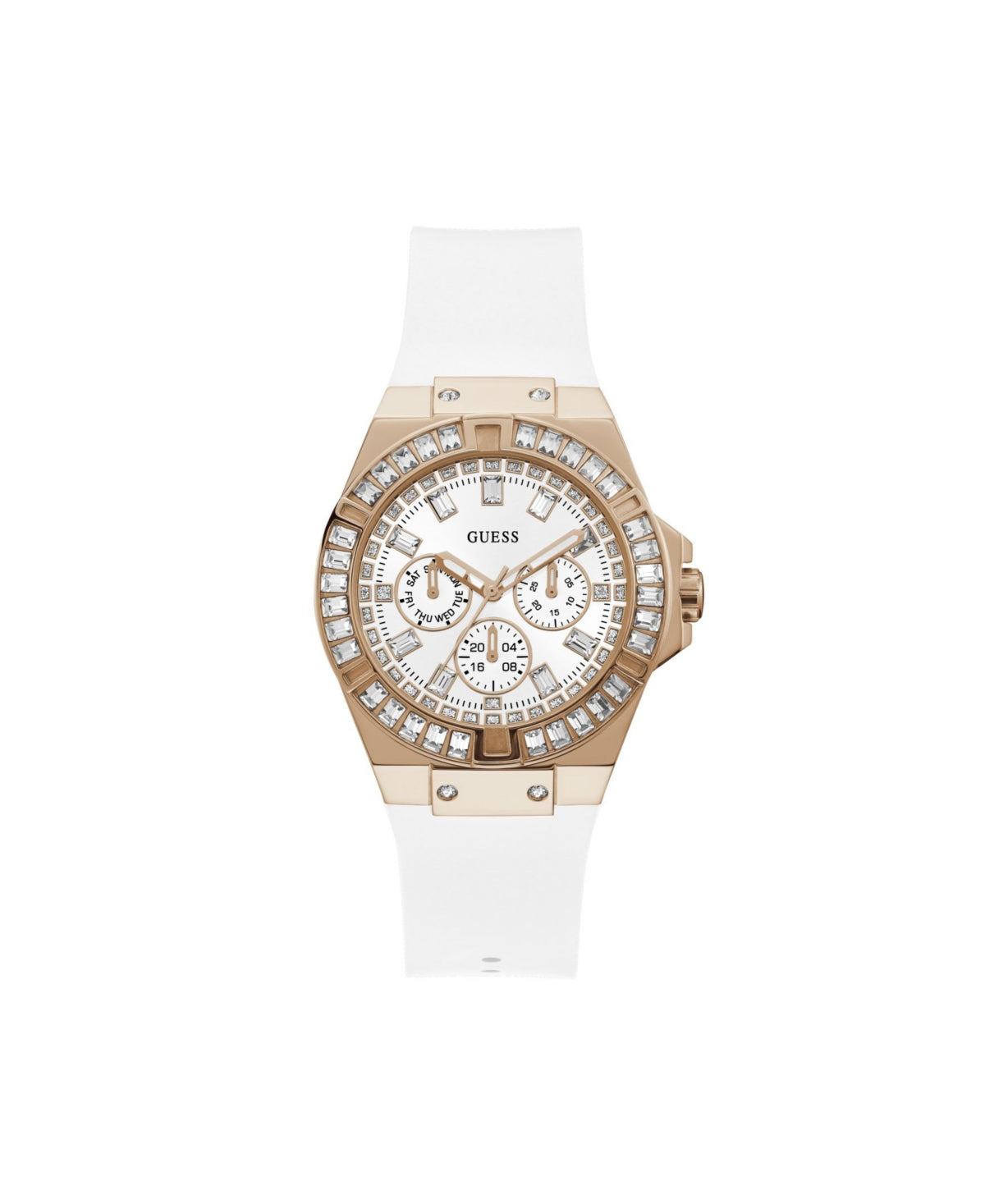 GUESS Women's Watch – 39mm White Silicone Strap, Baguette Crystals