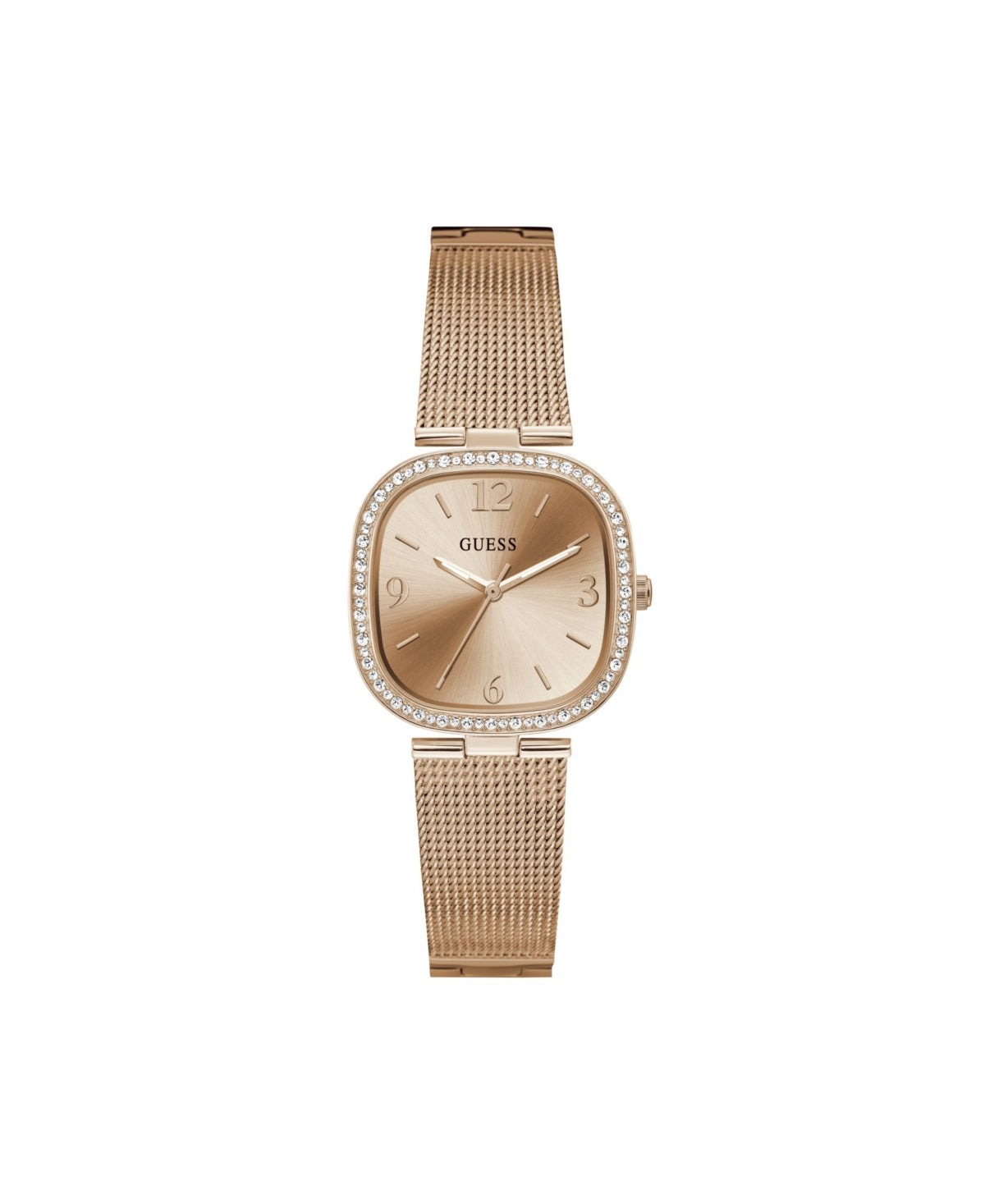 Guess Damen-Armbanduhr mit roségoldfarbenem Mesh-Armband – 32 mm Kristallgehäuse