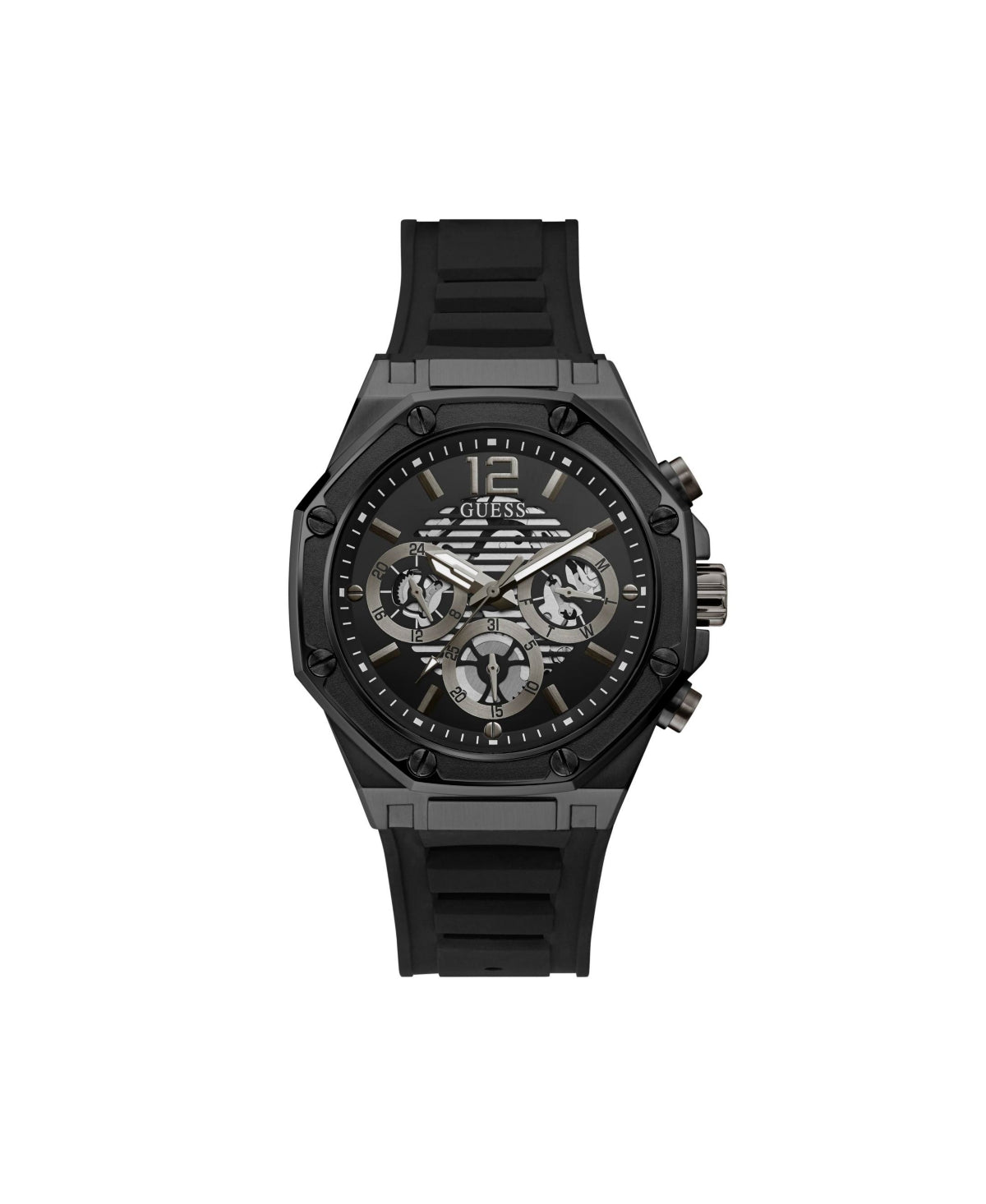 GUESS Men's Watch GW0263G4 – 44mm Black Stainless Steel Case, Black Silicone Strap