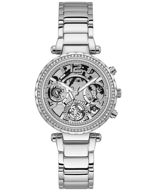 Women s Guess Stainless Steel Skeleton Dial Crystallized Glitz Watch GW0403L1