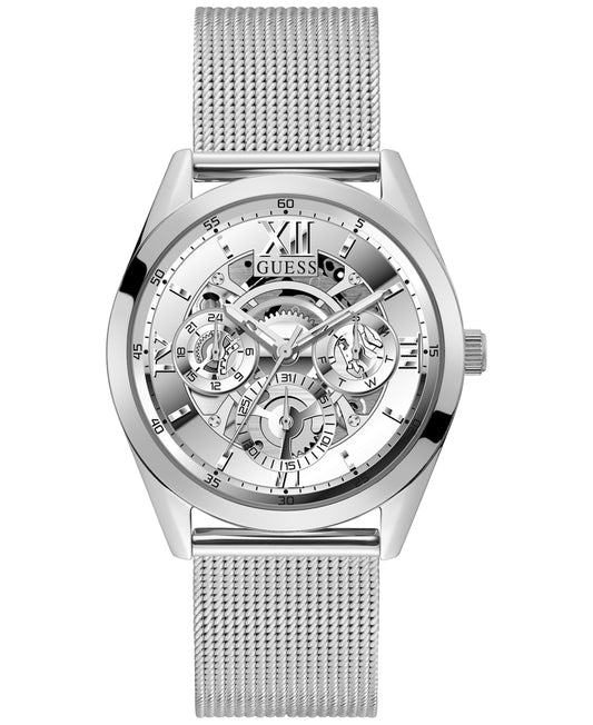 GUESS Men's Watch GW0368G1 – 42mm Stainless Steel Mesh Bracelet, Skeleton Dial