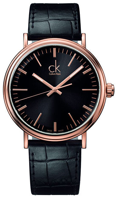 Calvin Klein watch with black face and rose gold accents on a white background