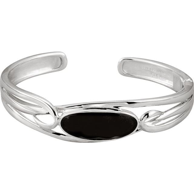Oval Natural Black Onyx Hinged Cuff Bracelet In Silver