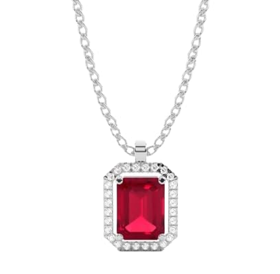 Lab Ruby And Diamond Halo Octagon Cut Necklace In Silver