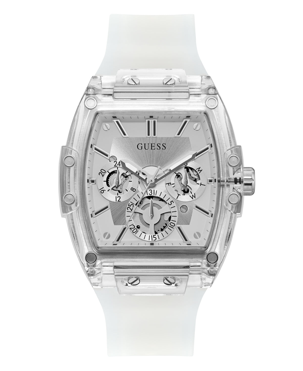 GUESS Men's Watch GW0203G1 – 43mm Transparent Dial, Silver-Tone Silicone Strap