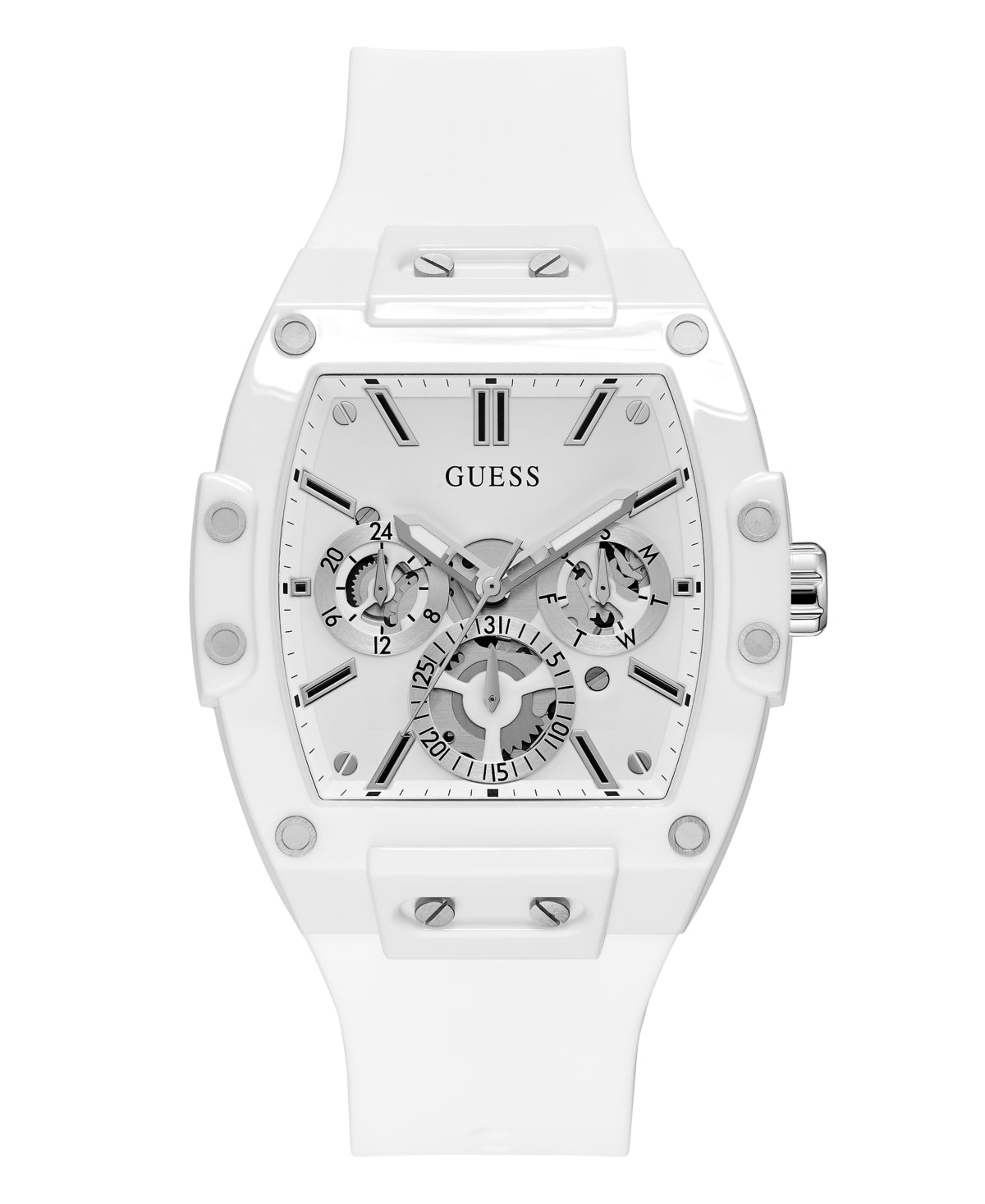 GUESS Women's Watch GW0203G2 – 43mm White Silicone Strap, Skeleton Dial