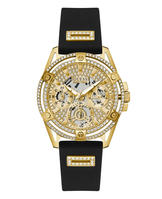 Guess Women's Gold-Tone Glitz Black Silicone Multi-Function Watch