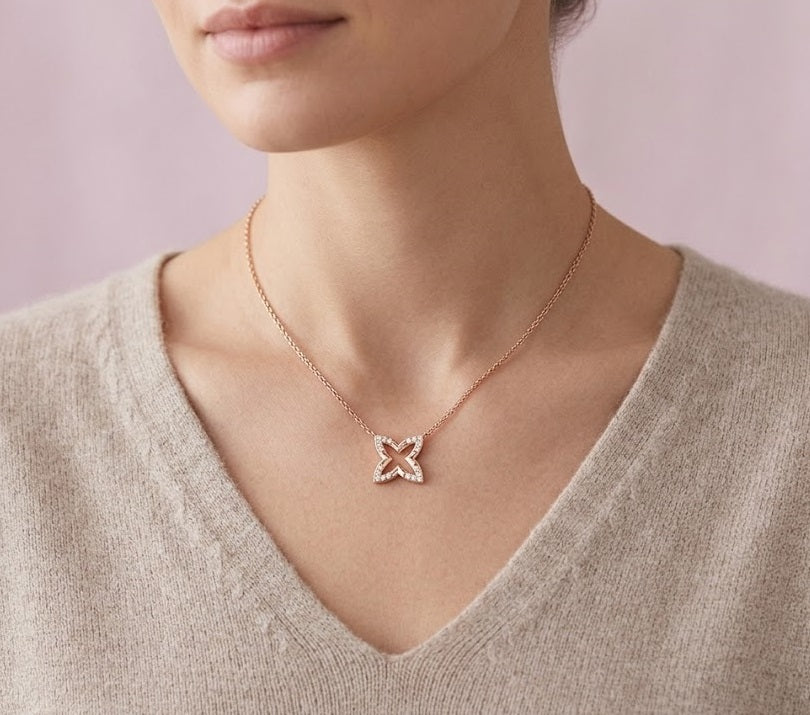 Rose Gold Diamond Flower Necklace in Gold & Platinum