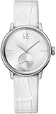 Calvin Klein watch with white leather strap on a white background