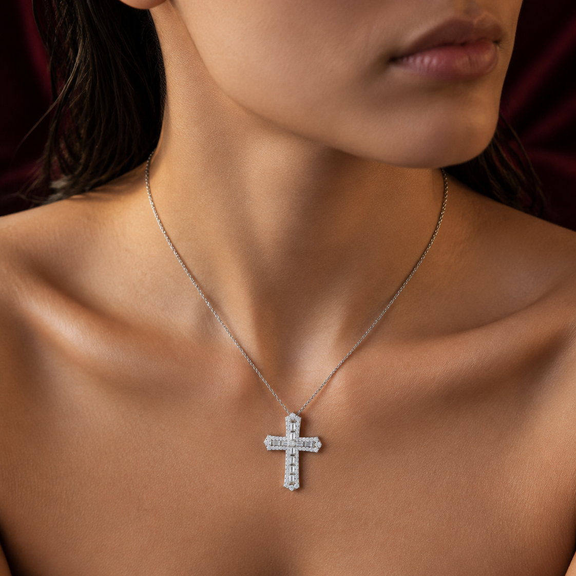 Baguette & Round Diamond Cross Pendant in Gold or Platinum
