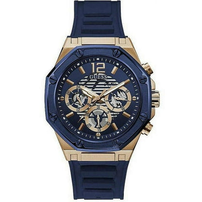 GUESS Men's Watch – Blue Dial, Rose Gold-Tone Steel Case, Blue Silicone Strap
