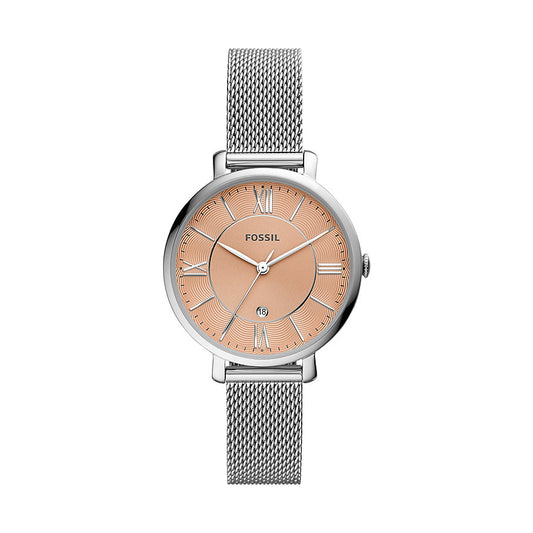 Fossil Women Jacqueline Three-Hand Date Stainless Steel Mesh Watch