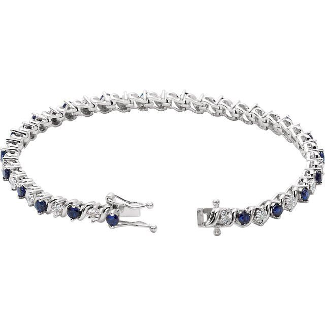 Round Lab-Grown Blue Sapphire & Natural Diamond Line Bracelet In Gold & Platinum