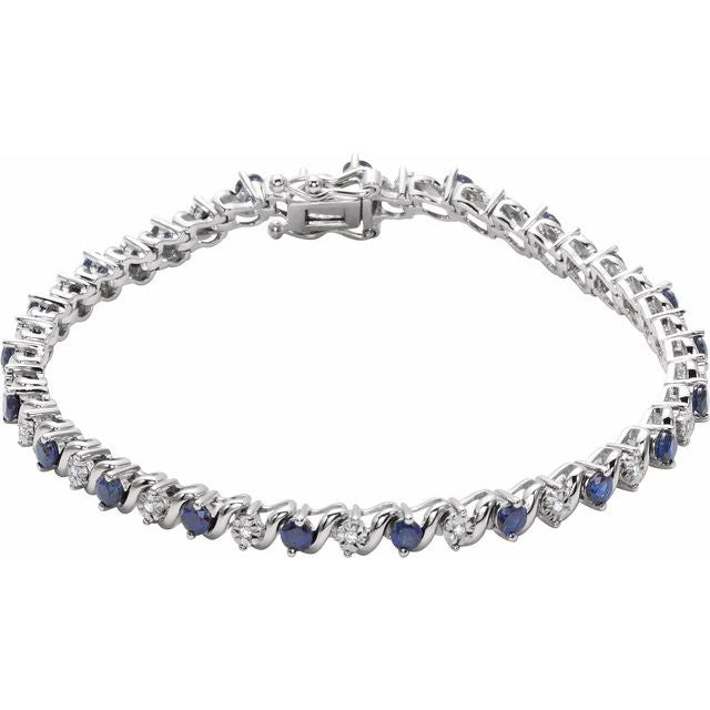 Round Lab-Grown Blue Sapphire & Natural Diamond Line Bracelet In Gold & Platinum
