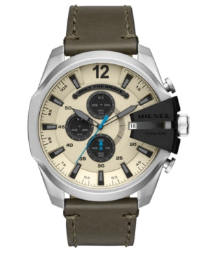 Diesel Men S Mega Chief Stainless-Steel and Olive Leather Chronograph Watch