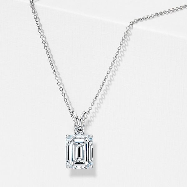Emerald-Cut Lab-Grown Diamond Solitaire Pendant with Accent
