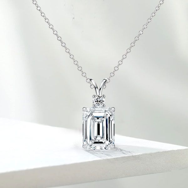 Emerald-Cut Lab-Grown Diamond Solitaire Pendant with Accent