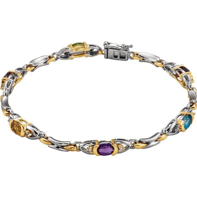 Oval Natural Multi-Gemstone & Natural Diamond Line Bracelet In Gold & Platinum
