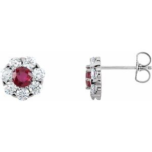 Ruby & Diamond Round Cluster Stud Earrings in Gold and Platinum