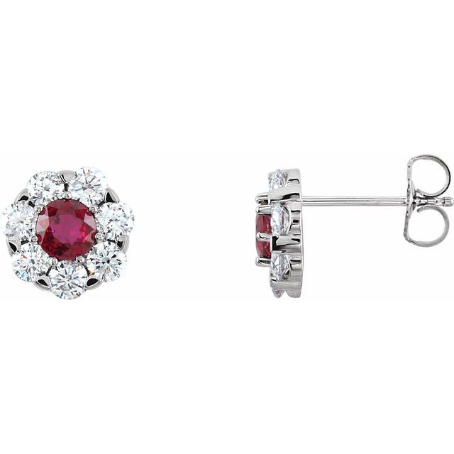 Ruby & Diamond Round Cluster Stud Earrings in Gold and Platinum