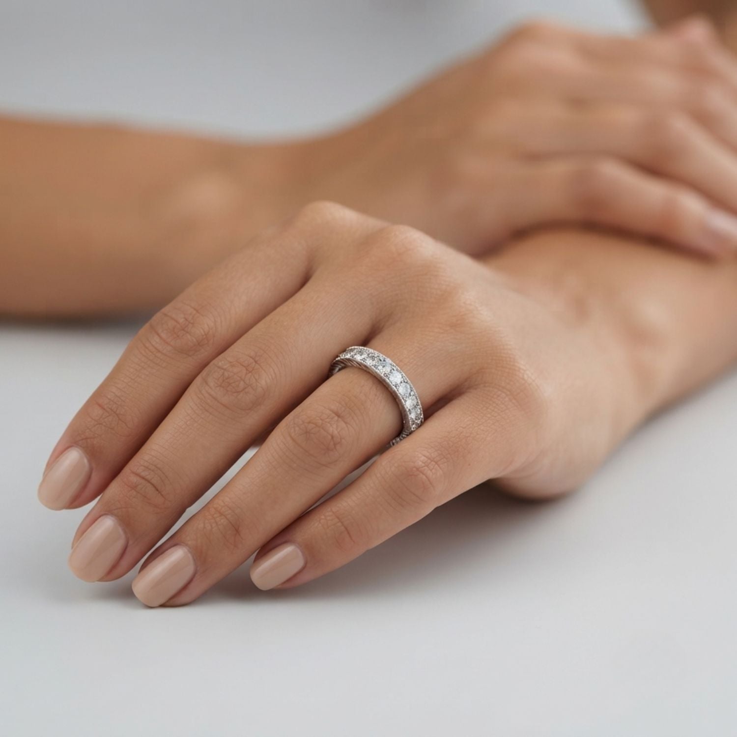 Milgrain Prong in Channel Full Eternity Ring in Gold & Platinum