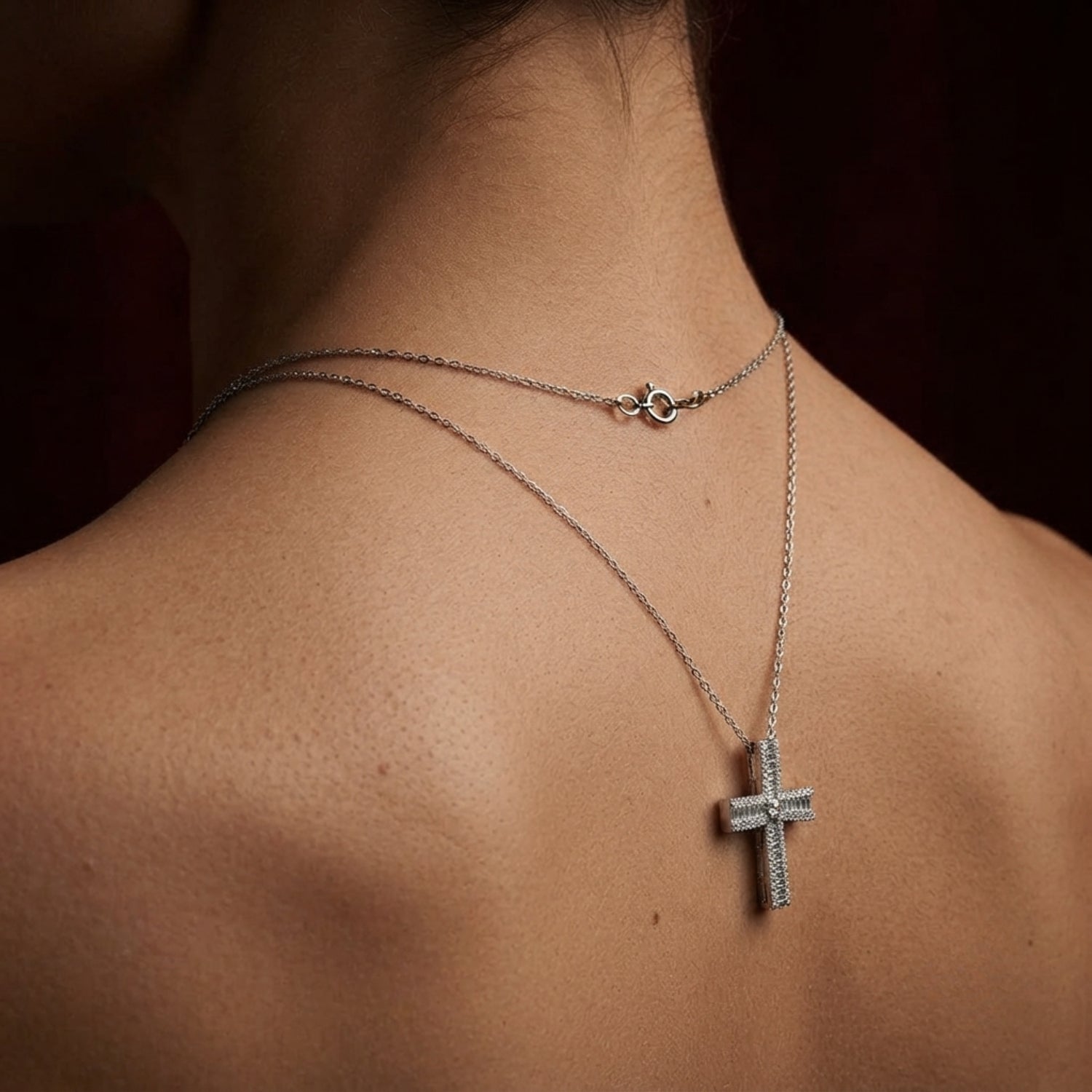 Art Deco Baguette Diamond Cross Pendant Necklace | Halo Diamond Cross