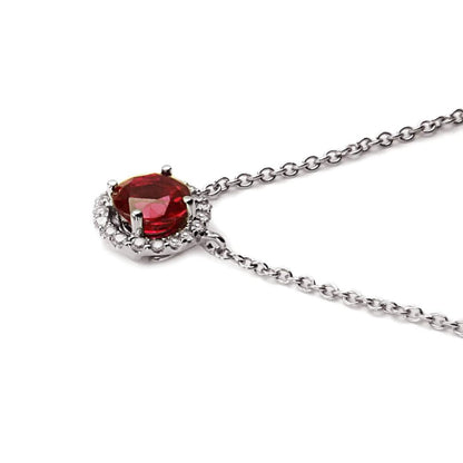 Lab Ruby and Diamond Halo Round Cut Necklace In Silver