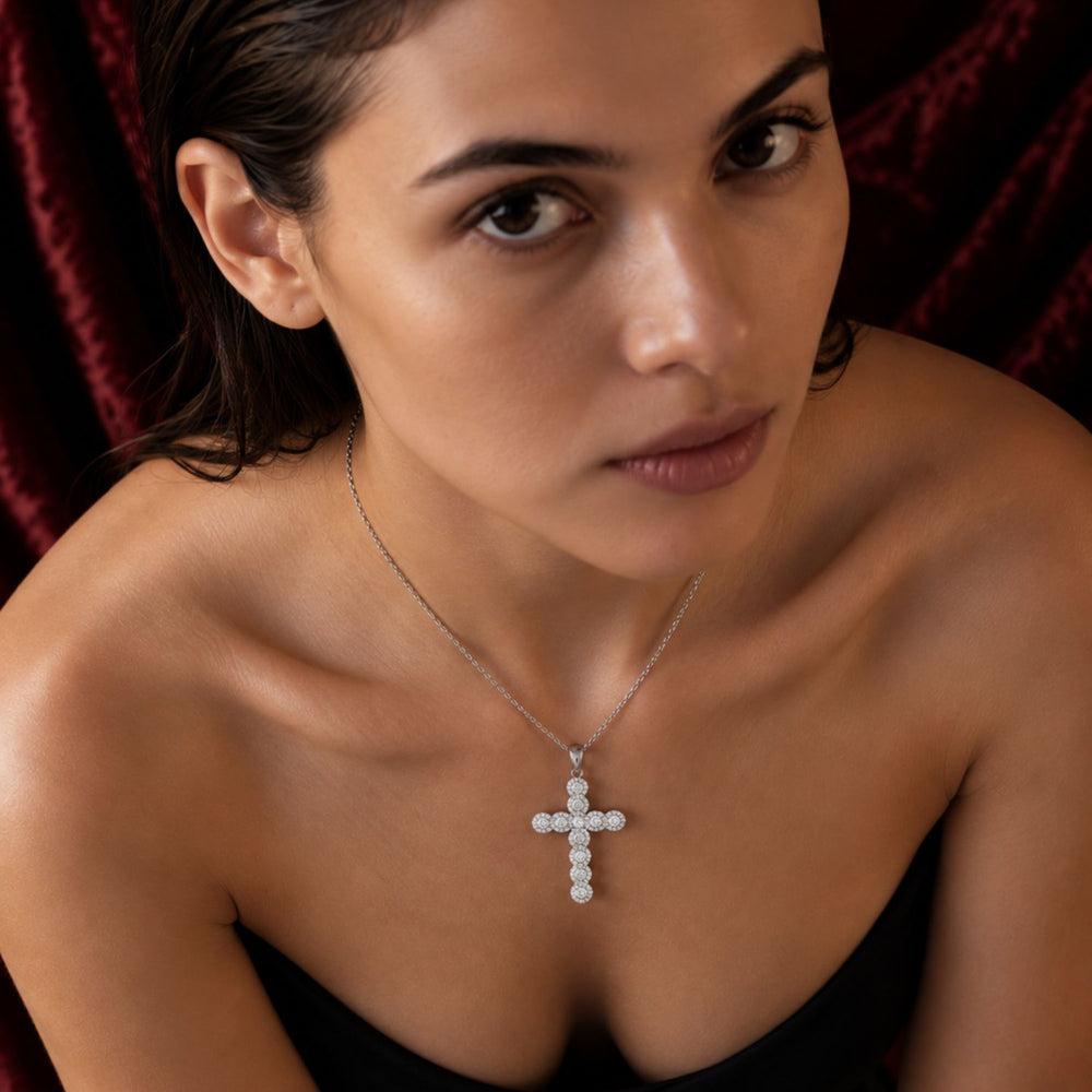 Round Halo Diamond Cross Pendant Necklace in White Gold - Men's Necklace