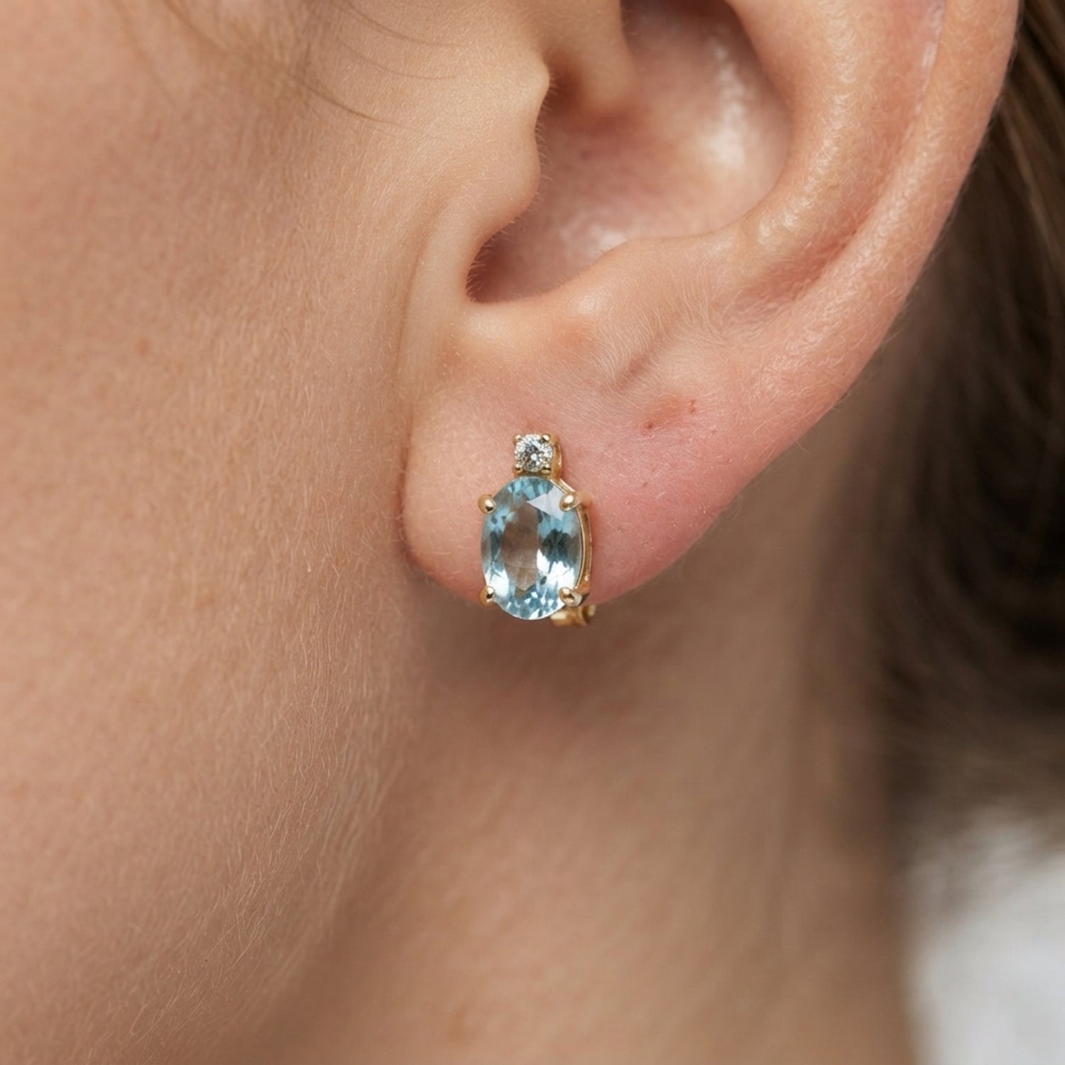 Stud Earrings with Aquamarine Oval Solitaire and Diamond - Gold