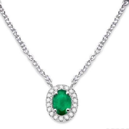 0.20 carats Lab Emerald And Diamond Halo Round Cut Necklace In Silver