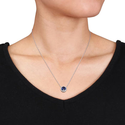 Lab Sapphire And Diamond Halo Round Cut Necklace In Silver