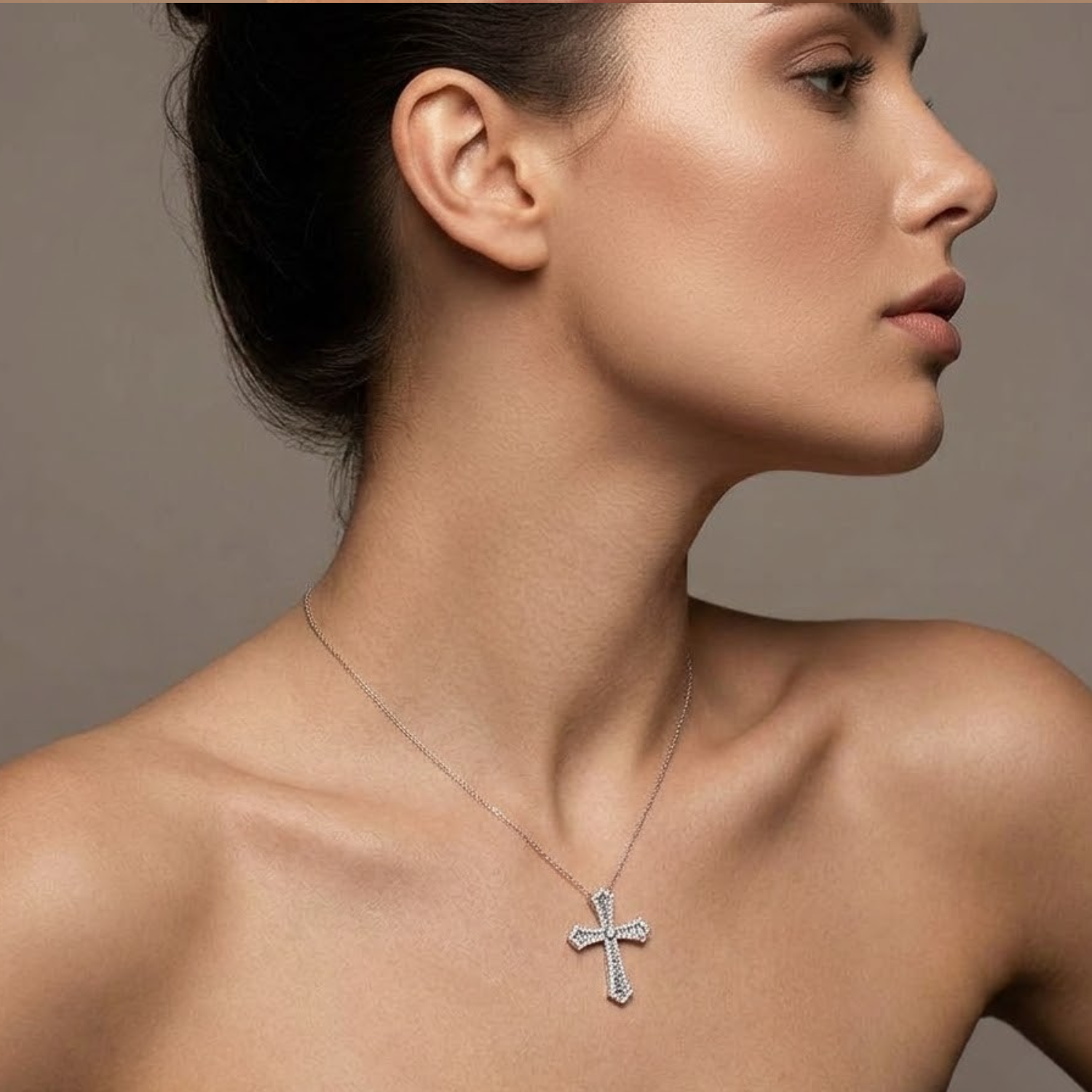 Vintage Inspired Baguette Diamond Cross Pendant Necklace | Gold or Platinum