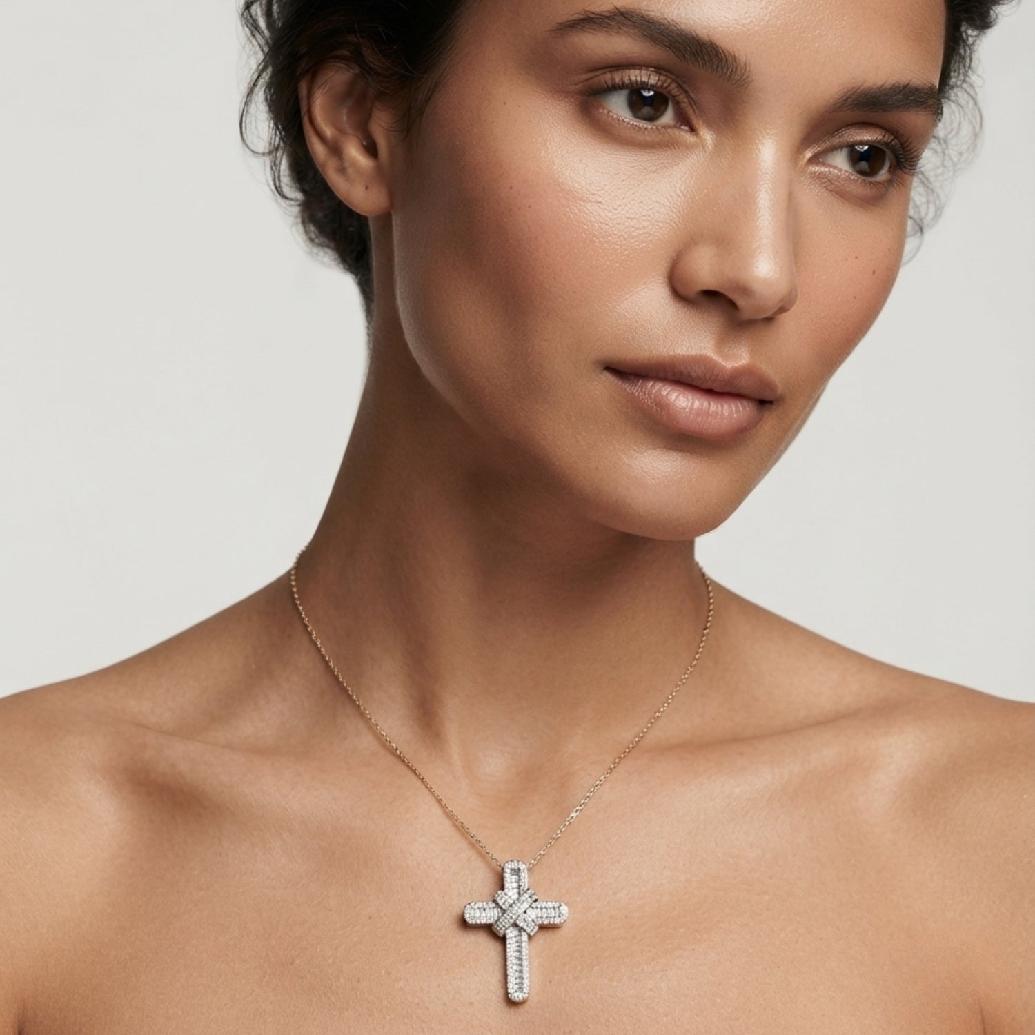 1.25 Ct Natural Baguette & Round Diamond Cross Pendant | 9K White Gold