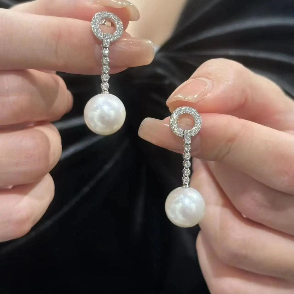0.04ct Round Lab Grown Diamond Pearl Dangle Drop Earrings 9K White Gold