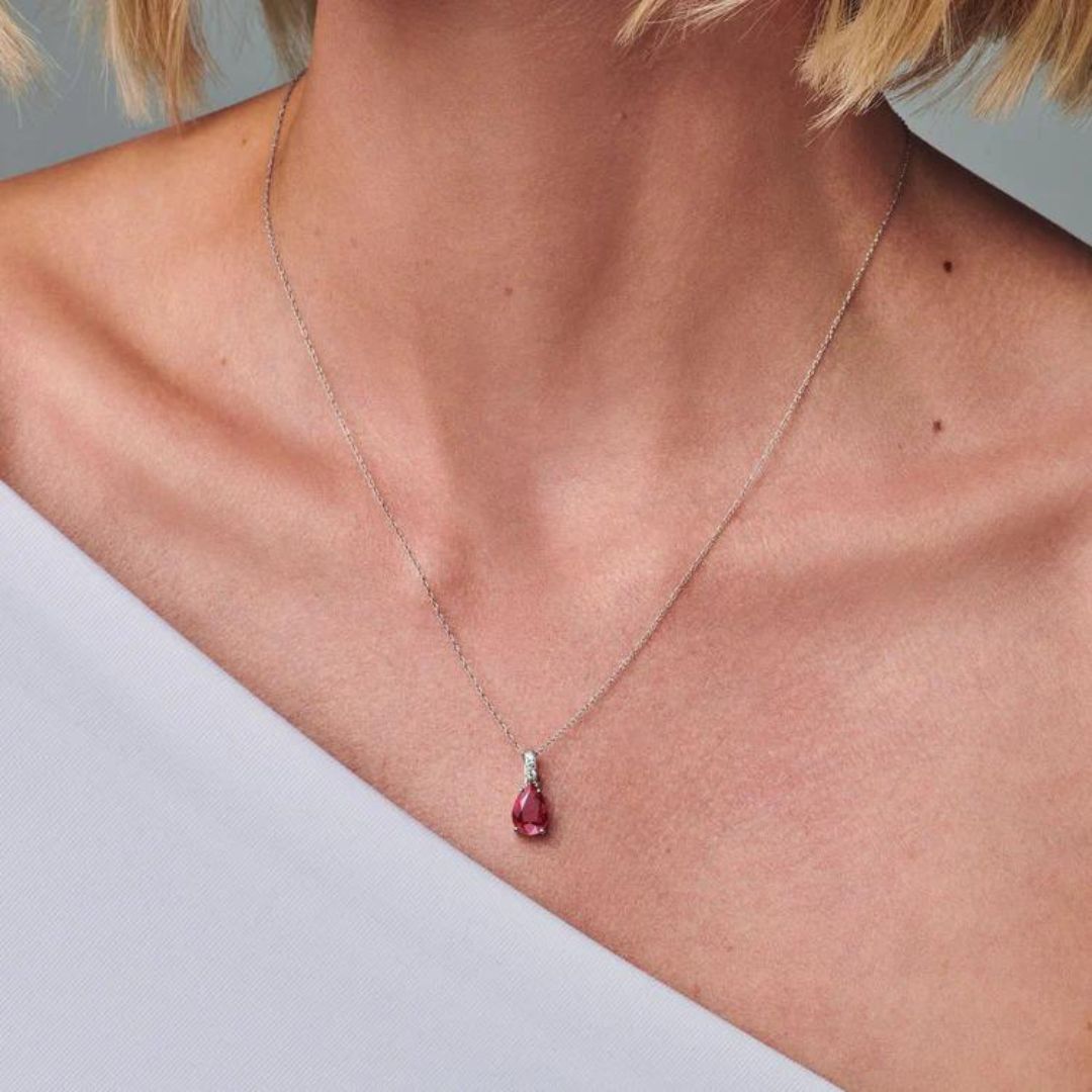 0.08ct Ruby Lab Diamond Solitaire Necklace In Silver