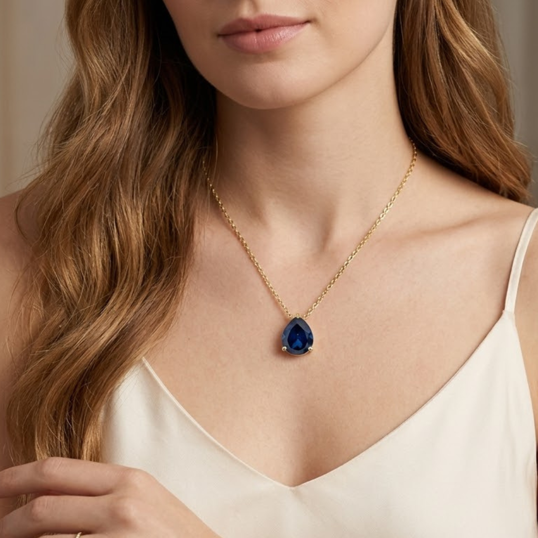 Astra 3.20ct Lab Grown Sapphire and Pear Cut Diamond Solitaire Necklace in 18K Gold Vermeil
