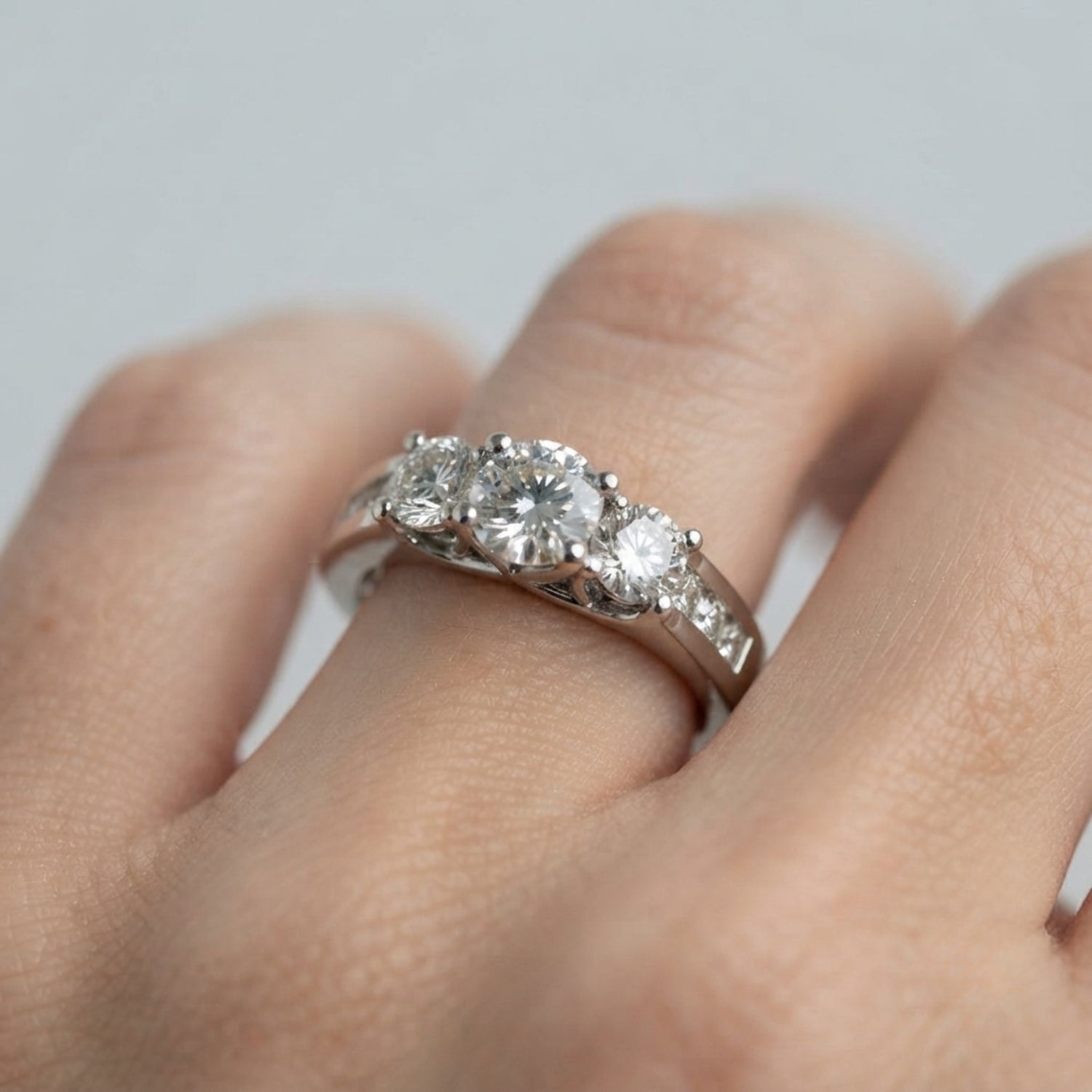 Lab-Grown Three Stone Round Cut Diamond Engagement Ring Available in 18k White Gold