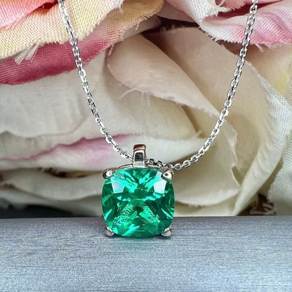 Lab Emerald Diamond Solitaire Cushion Cut Necklace In Silver