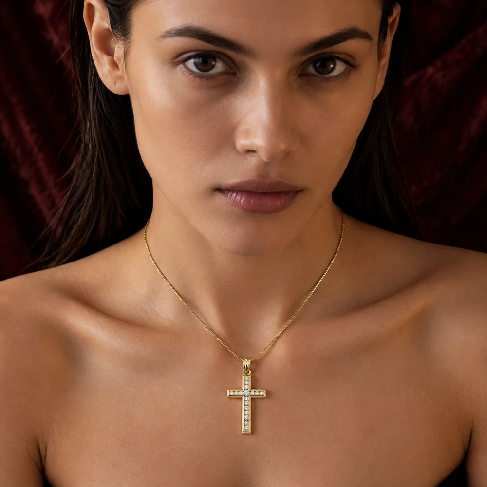 Channel Set Diamond Cross Pendant Necklace | Modern Diamond Cross