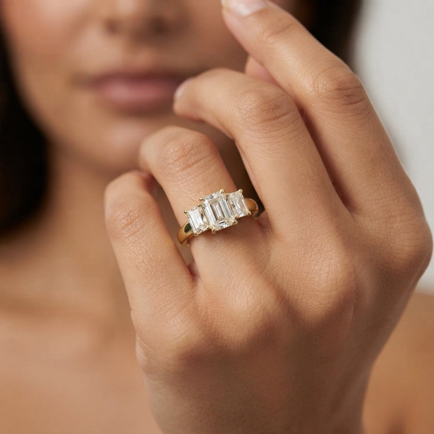 2.00Ct Lab Grown Emerald Cut Diamond 3 Stone Engagement Ring 18K White Gold