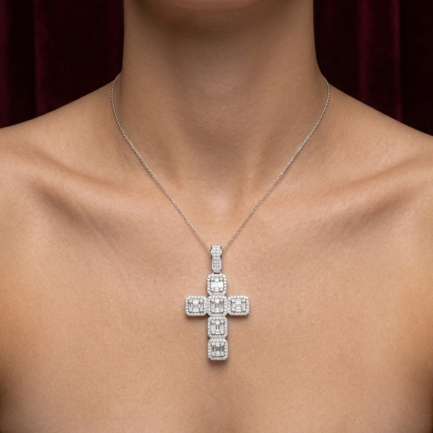 Art Deco Emerald Cut Diamond Cross Pendant Necklace | Halo Diamond Cross