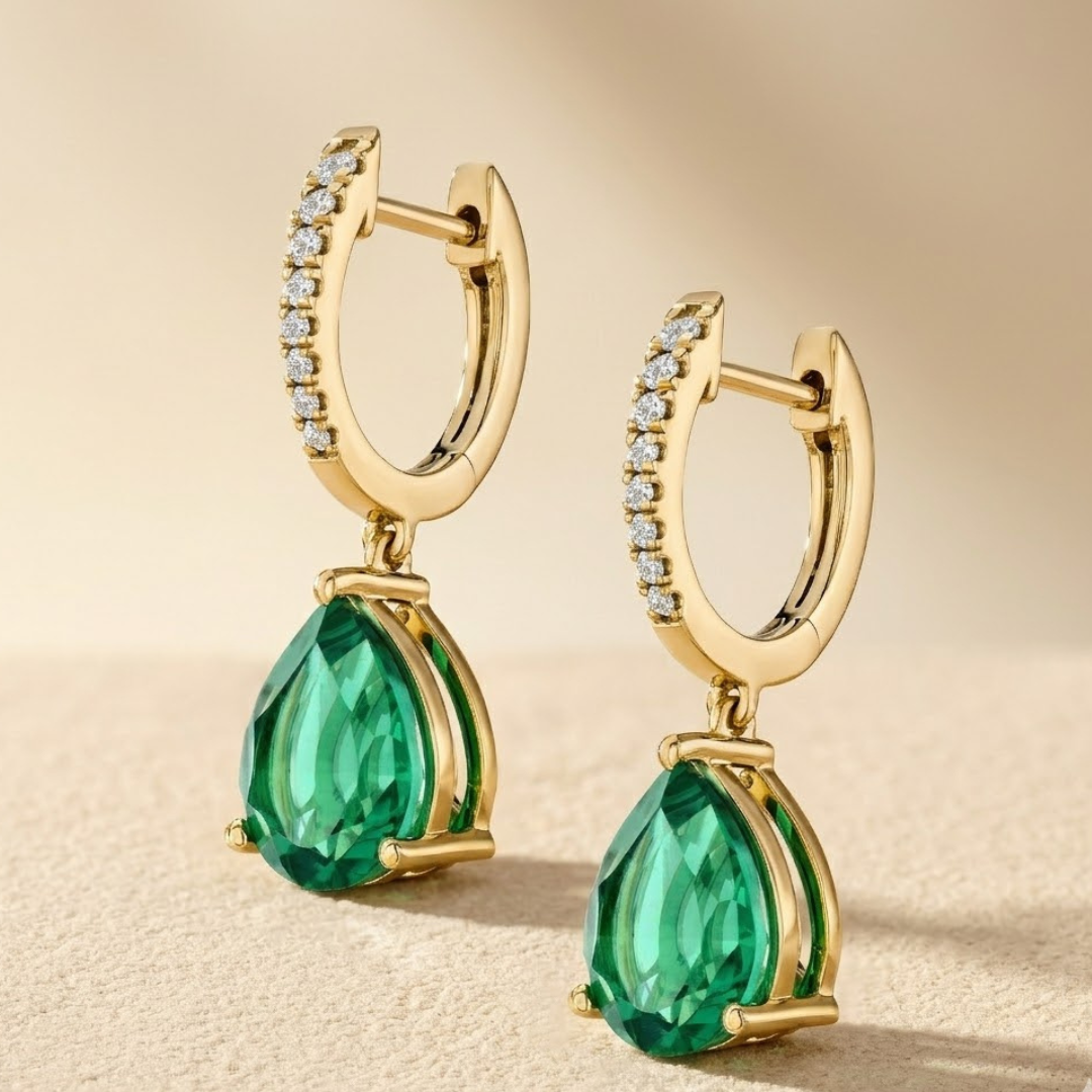 4.60ct Lab Grown Emerald and Diamond Teardrop Drop Earrings in 18K Gold Vermeil