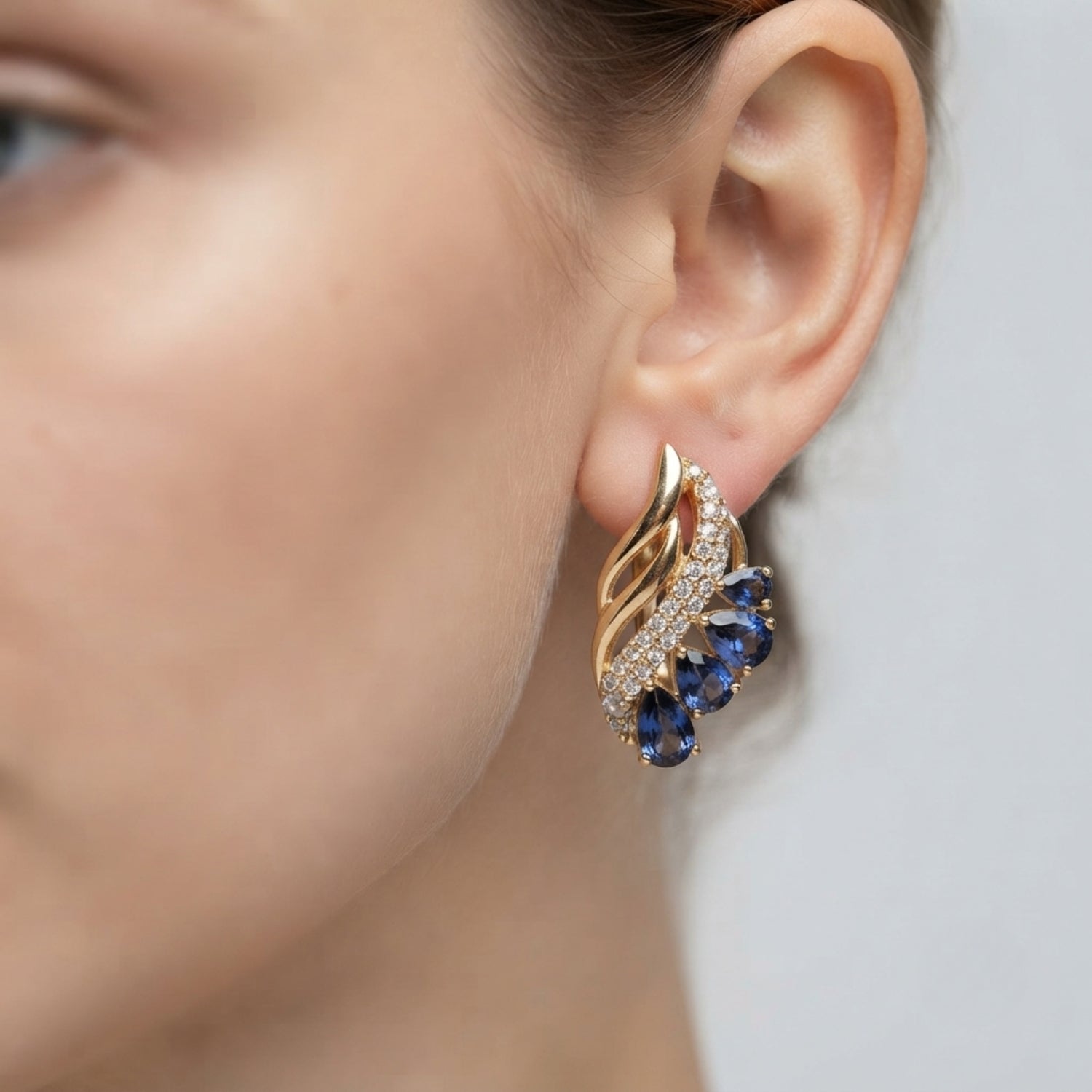 Drop Earrings with Sapphire and Diamond Wing Cluster - Gold