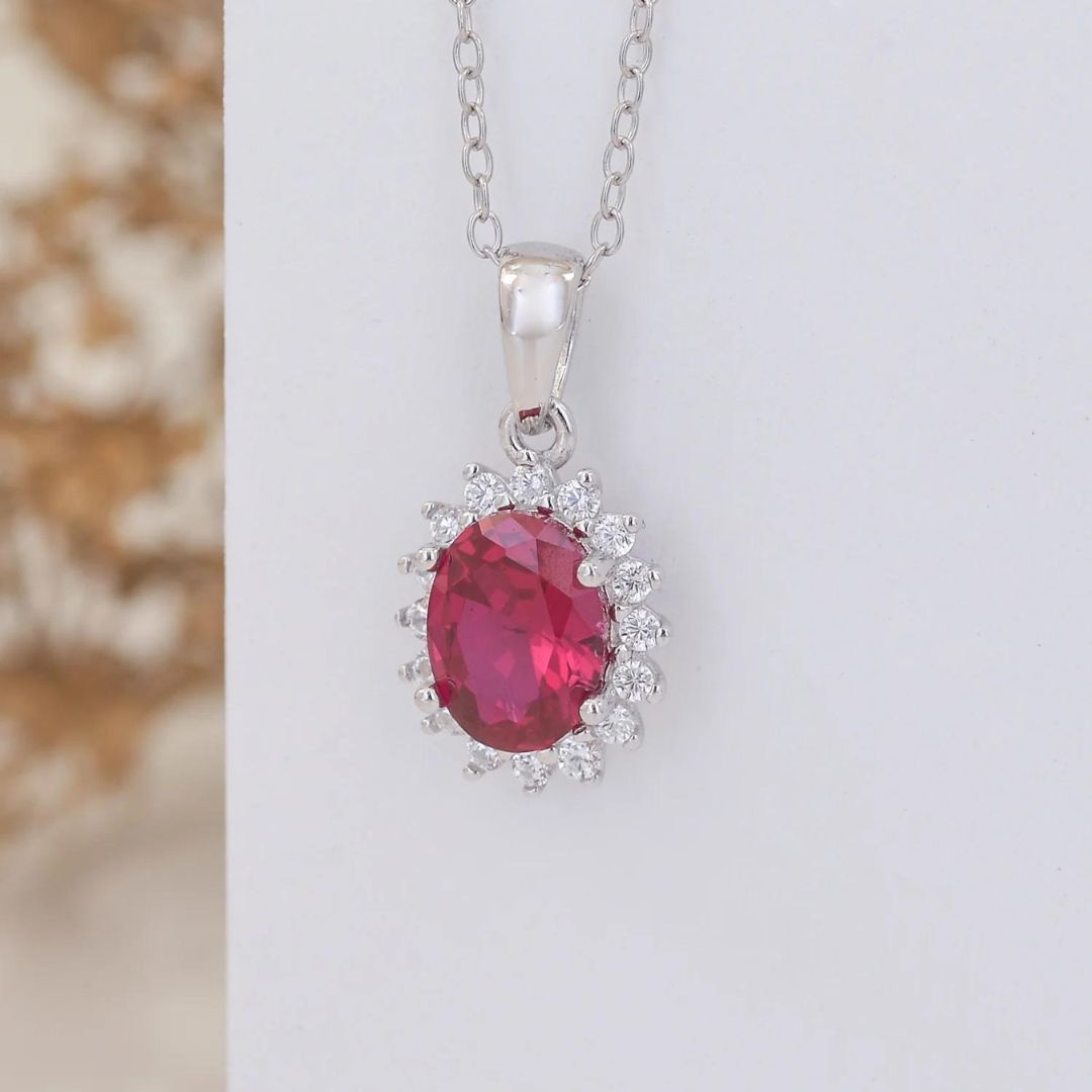 Ruby Pendant Necklace With Lab Diamonds In Silver