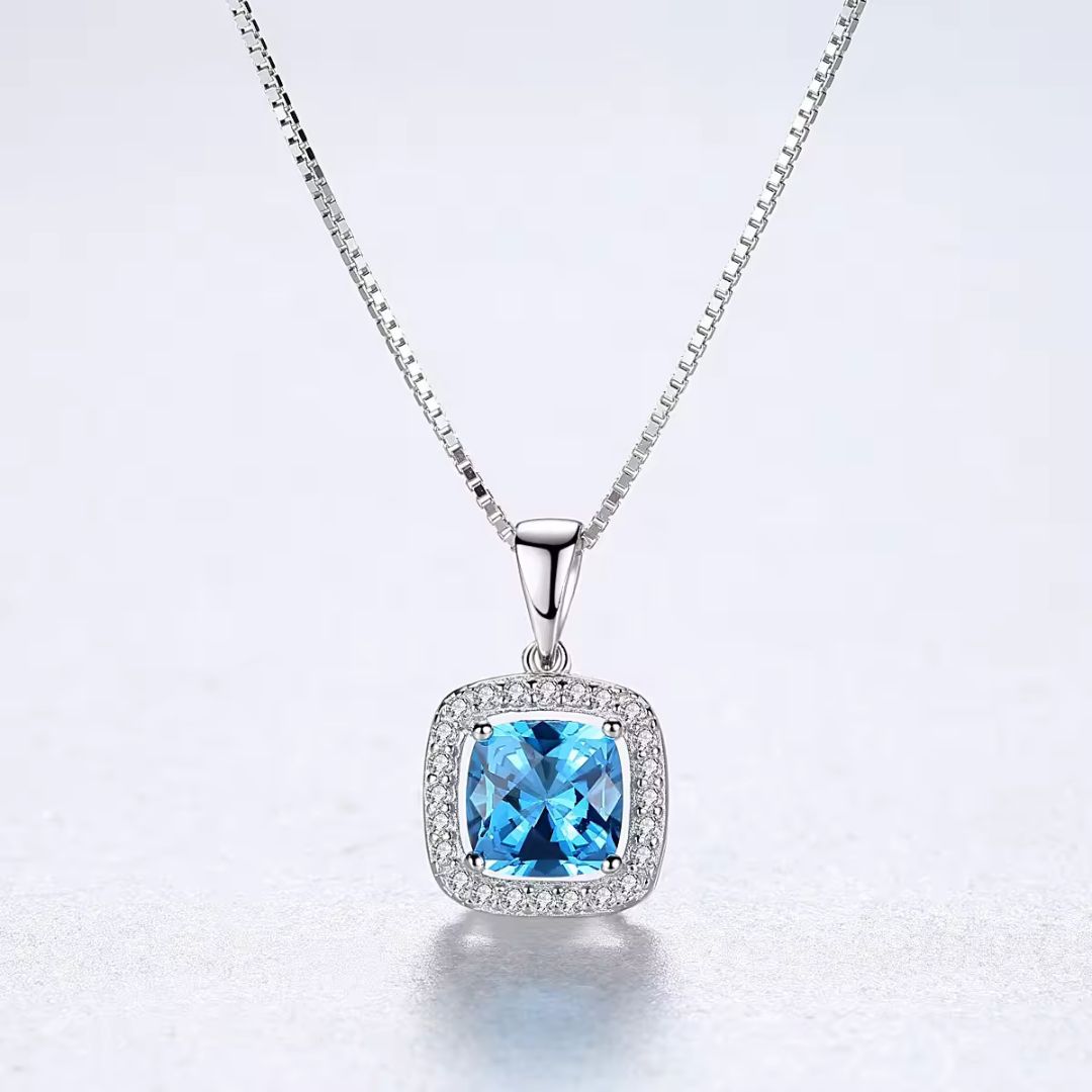 Blue Topaz And Lab Diamond Halo Square Necklace