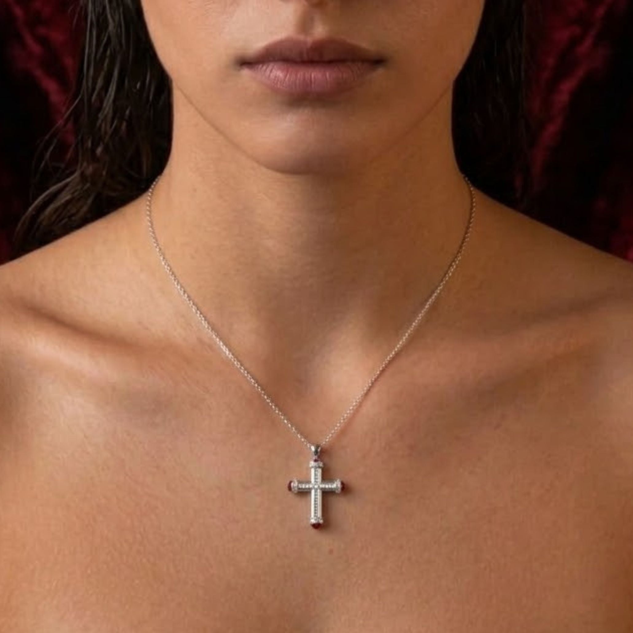 Ruby Accent Baguette Diamond Cross Necklace in Gold or Platinum